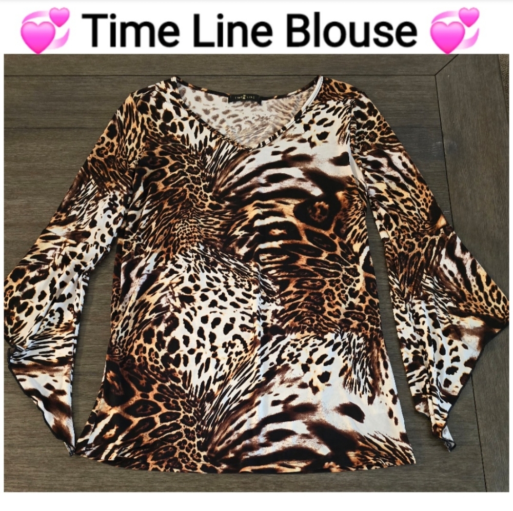 Time Line Brown Animal Print Pullover Neck Blouse Size M